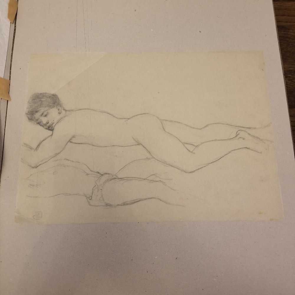 Original Drawing 2 Nude Males in Bed